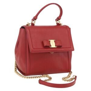 Salvatore Ferragamo Chain Vala Shoulder Bag Leather 2way Red Gold Auth BA9424V